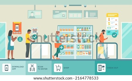 How to shop at the fully automated AI convenience store: people using the app to access the store and to purchase items checkout free Royalty-Free Stock Photo #2164778533