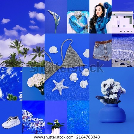 Set of trendy aesthetic photo collages. Minimalistic images of one top color. Fashion  Blue summer moodboard Royalty-Free Stock Photo #2164783343