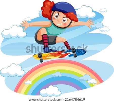 A girl playing skateboard on rainbow illustration