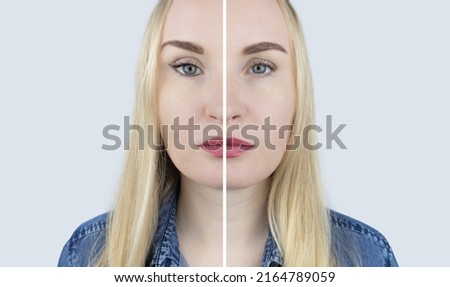 Fox eye lift. Before and after. On left is a girl with normal eyes, and on right is after an imitation operation eyes look foxy. Concept of changing the appearance with threads or botulinum toxin. Royalty-Free Stock Photo #2164789059