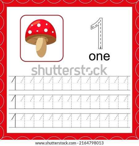 Cards with numbers for children. Trace the line. For kids learning to count and to write. Number one. Count mushroom game. Educational maths worksheets