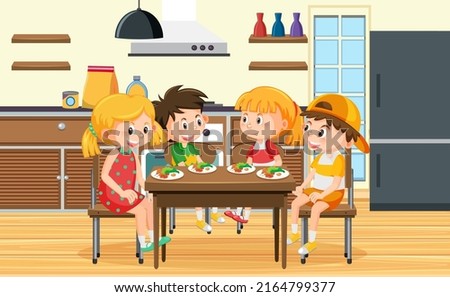Children having meal in kitchen illustration