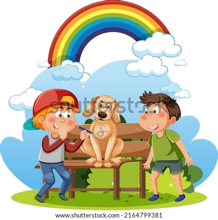 Two boys cartoon character and a dog illustration