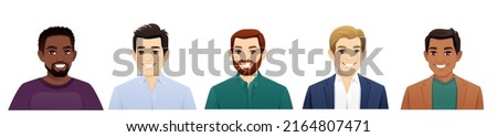 Portrait of multiethnic young diversity people. Asian, african, indian and caucasian men different hairstyles and outfits isolated vector illustration
