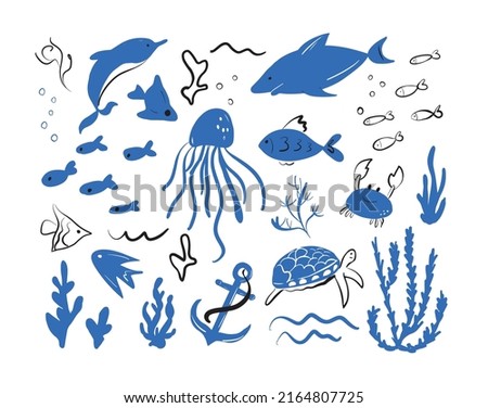 Cute cartoon shark, crab, jellyfish, star, dolphin, turtle ,fish,sea life - vector cartoon illustration.Fishing pattern.Сartoon drawing of sea animals