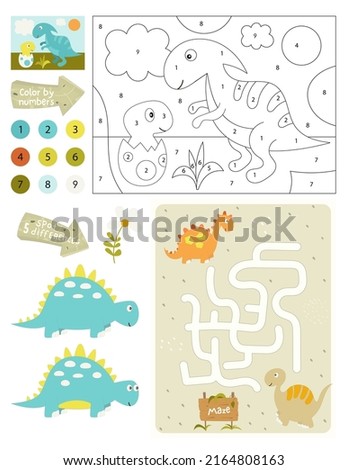 Dinosaurs Activity Pages for Kids. Printable Activity Sheet with Dino Mini Games – Coloring Dinosaur, Dot to Dot, Spot Differences Game. Vector illustration.