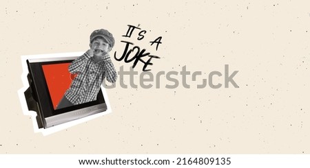 Contemporary art collage. Little boy, child sticking out retro Tv set with funny face symbolizing jokes. Mass media manipulation. News propaganda. Concept of social media, influence, childhood