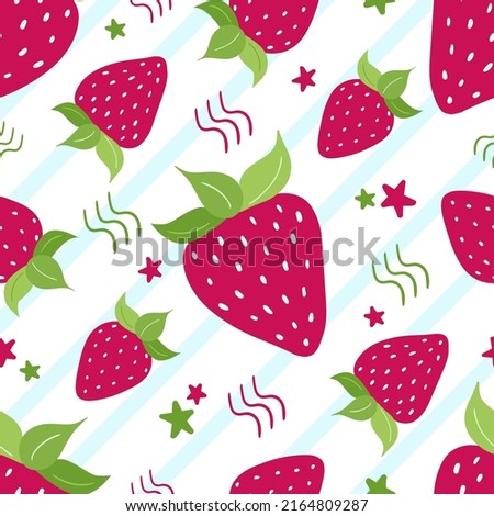 Hand drawn pink strawberry doodle seamless pattern with lettering, stripes, leaves, stars isolated on white background. Summer berries for the design of stickers, menu posters.Vector flat illustration