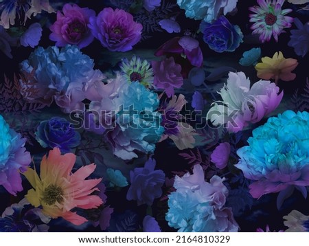 Floral summer seamless pattern. Luxurious baroque garden flowers. Peonies, roses, daisies, carnations. Luxury background for textiles, wallpaper, paper. Vintage. Unusual range. Royalty-Free Stock Photo #2164810329