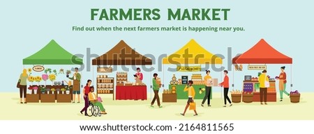 Farmer's market, local food stalls with people shopping farm produce