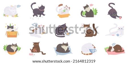 Funny childish cats set. Fluffy cartoon kittens isolated on white background. Cute kitty playing, sleeping, eating. Happy domestic pets. Vector illustration