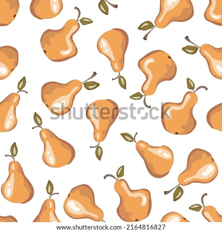 Seamless pattern with pear on white background. Natural delicious fresh ripe tasty fruit. Vector illustration for print, fabric, textile, banner, other design. Stylized pears with leaves. Food concept