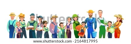 Man and woman and children villager farmer in overalls. Agricultural worker. Cheerful person. Standing pose. Cartoon comic style. Illustration isolated white background. Vector. Royalty-Free Stock Photo #2164817995