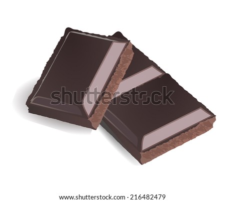 Dark chocolate pieces. 3d black chocs, block of broken choc, vector art image illustration, isolated on white background, realistic design, eps10
