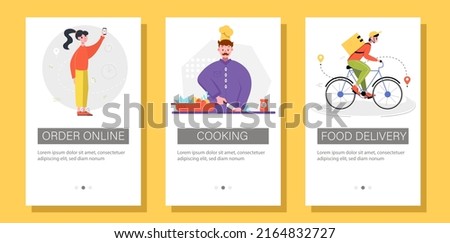 Food delivery mobile application banner set. Ordering in the internet, cooking food, waiting courier on bike. Vector illustration.