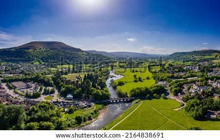Aerial view of the River Usk and rural Welsh town of Abergavenny, Monmouthshire Royalty-Free Stock Photo #2164838691