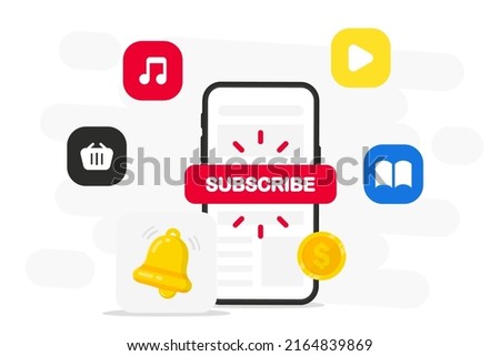 Subscribe button. Smartphone with subscribe web button for online service. Digital social marketing. Social media concept. Subscribe to video channel, blog newsletter, music, shop. Vector illustration Royalty-Free Stock Photo #2164839869