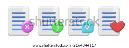 Vector set of isolated volumetric icons with shadows and highlights. Stylistic paper sheet or document with different colored symbols. Circles, heart, square, dollar and check mark Royalty-Free Stock Photo #2164844117