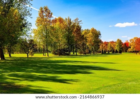 Bright autumn landscape. The trees with green, yellow, orange and yellow foliage. Sunny autumn day. Sunny day. Canada. Gorgeous green mowed lawn. Neighborhoods of Montreal. 