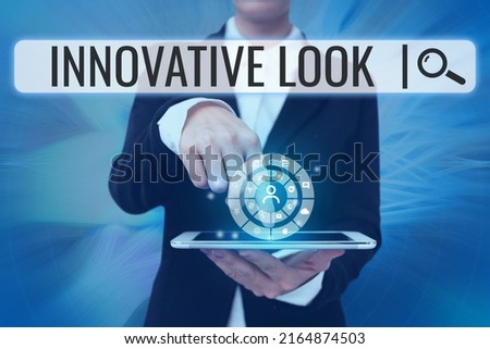 Inspiration showing sign Innovative Look. Conceptual photo The quality of an idea which is new and different Trending Lady Pressing Screen Of Mobile Phone Showing The Futuristic Technology