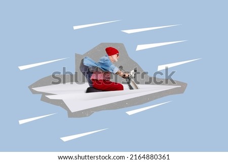 Creative collage picture of aged person driving flying paper plat jet isolated on drawing blue background
