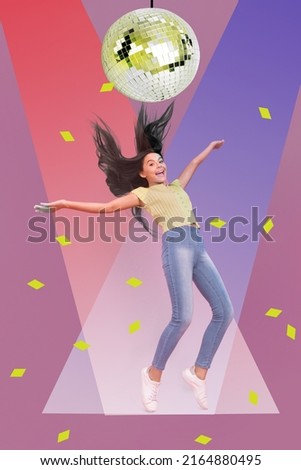 Vertical composite collage portrait of positive girl enjoy party discotheque big disco ball spotlights