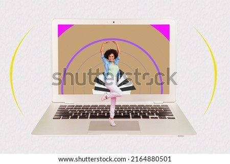 Composite collage image of positive person dancing huge netbook hypnosis screen isolated on creative background