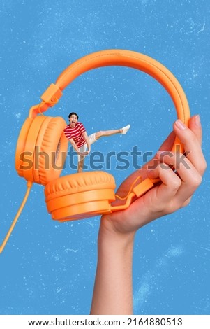 Vertical creative collage portrait of big arm hold headphones positive person dancing have fun isolated on drawing blue background