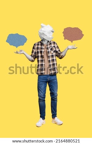 Vertical creative collage portrait of person crumpled paper instead head hold two mind options Royalty-Free Stock Photo #2164880521