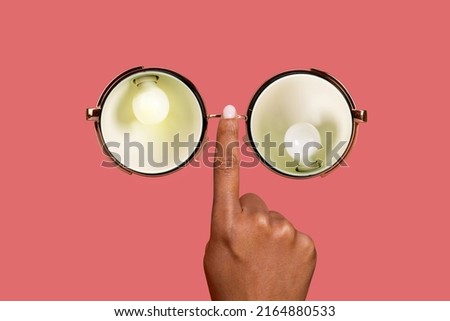 Composite collage picture of human hand finger touch adjust eyeglasses light bulbs instead lens