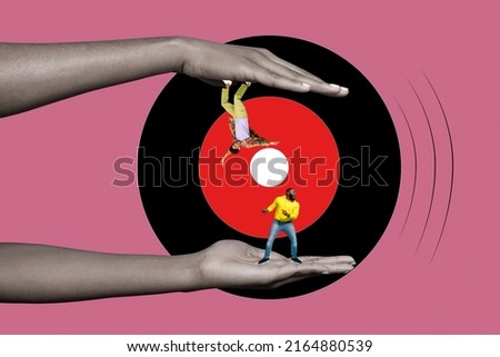 Composite collage picture of human arms hold two people dancing vinyl record isolated on creative pink background