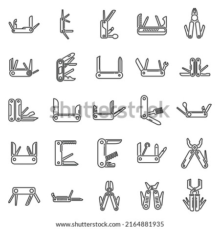 Multitool icons set outline vector. Multifunctional knife. Army blade Royalty-Free Stock Photo #2164881935