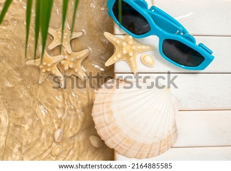 Blue sunglasses and shells on a deck by the water