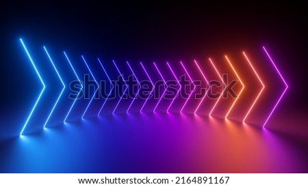 3d render, abstract panoramic neon background with arrows showing right direction, blue pink red gradient