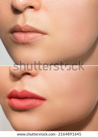 Closeup of female lips after permanent makeup lip blushing procedure Royalty-Free Stock Photo #2164891645