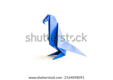 blue origami paper parrot isolated on white background
