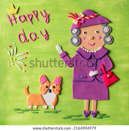 Old gray haired lady English queen woman handmade in clay illustration with corgi cute dog. Jubilee of coronation in Great Britain, United Kingdom.