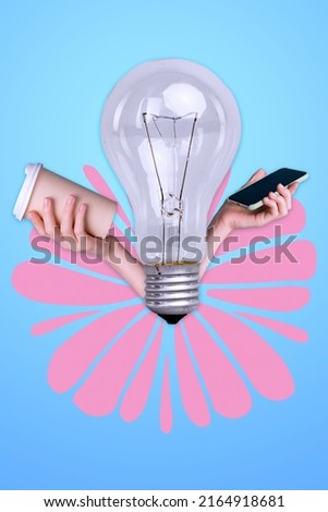 Creative retro 3d magazine collage of hands arms growing form lamp holding modern device cup isolated blue color background