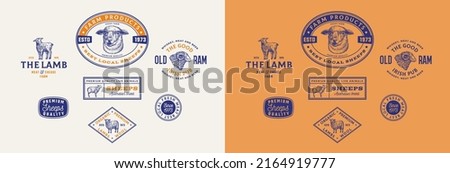 Sheep Farm Retro Framed Badges or Logo Templates Collection. Hand Drawn Lamb, Ram and Sheep Face Animals Sketches with Retro Typography. Vintage Sketch Emblems Set. Isolated Royalty-Free Stock Photo #2164919777