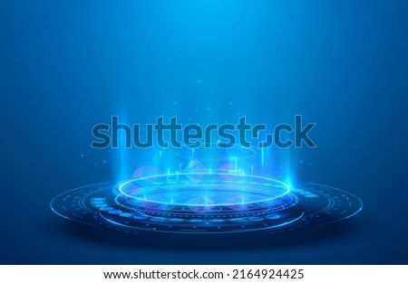 Blue hologram portal. Magic fantasy portal.  Magic circle teleport podium with hologram effect. Abstract high tech futuristic technology design. Round shape. Circle Sci-fi element light and lights. Royalty-Free Stock Photo #2164924425