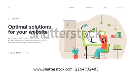 Work of architect on house construction project. Female engineer drawing paper blueprint presentation on draft board flat vector illustration. Engineering technology, architecture and design concept