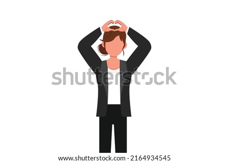 Business flat drawing young businesswoman making or gesturing heart symbol with fingers over head. Modern female lifestyle, healthcare, love shape concept. Cartoon graphic design vector illustration