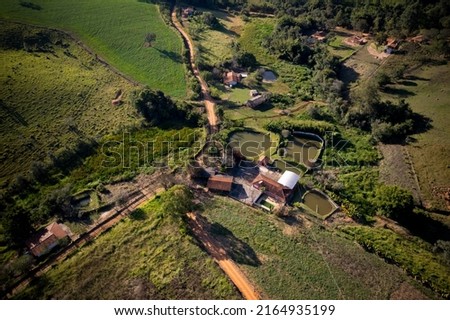 Aerial photograph of the city of Caconde in São Paulo. Farms, plantations and animal husbandry in a small town full of charm. Brazil.