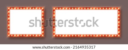 Marquee frames with red border, retro casino signboards with white background. Vintage circus banners with yellow light bulbs. Vector illutration. Royalty-Free Stock Photo #2164935317