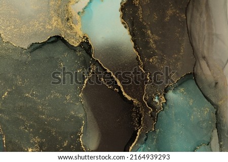 Art Abstract alcohol ink and watercolor painting blots horizontal background. Alcohol ink brown, blue and gold colors. Marble texture. Royalty-Free Stock Photo #2164939293