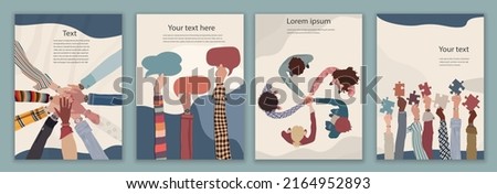 Agreement or affair between a group of colleagues or collaborators. Group hands on top of each other. Community and cooperation. Brochure template flyer leaflet cover poster. Hand up Royalty-Free Stock Photo #2164952893