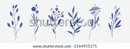 Minimal feminine botanical floral branch in silhouette style. Hand drawn wedding herb, minimalistic flowers with elegant leaves. Botanical rustic trendy greenery vector Royalty-Free Stock Photo #2164955171