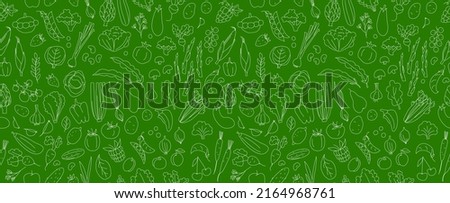 Seamless background pattern of organic farm fresh fruits and vegetables. Vector illustration. Outline thin line style doodle design. Green and white Royalty-Free Stock Photo #2164968761