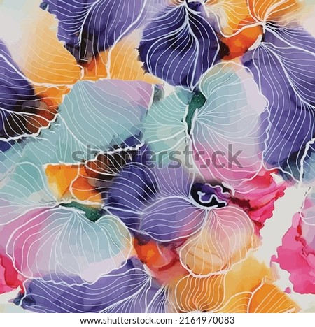 Seamless pattern of orange flowers drawn with watercolor.For the design of the wallpaper or fabric, vintage style.Blooming flower painting for summer.Botany and texture,  background. Royalty-Free Stock Photo #2164970083