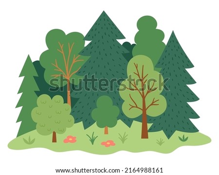 Vector forest landscape. Environment friendly concept with trees, flowers and bushes. Ecological or outdoor camping illustration. Cute earth day scene with plants
 Royalty-Free Stock Photo #2164988161
